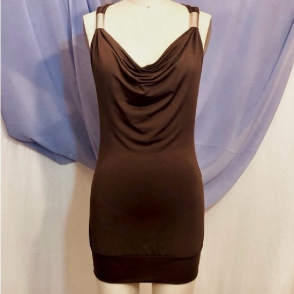 Y2K Racer Back Fitted Brown Sleeveless Dress silver metal accents size xsmall - Picture 2 of 7